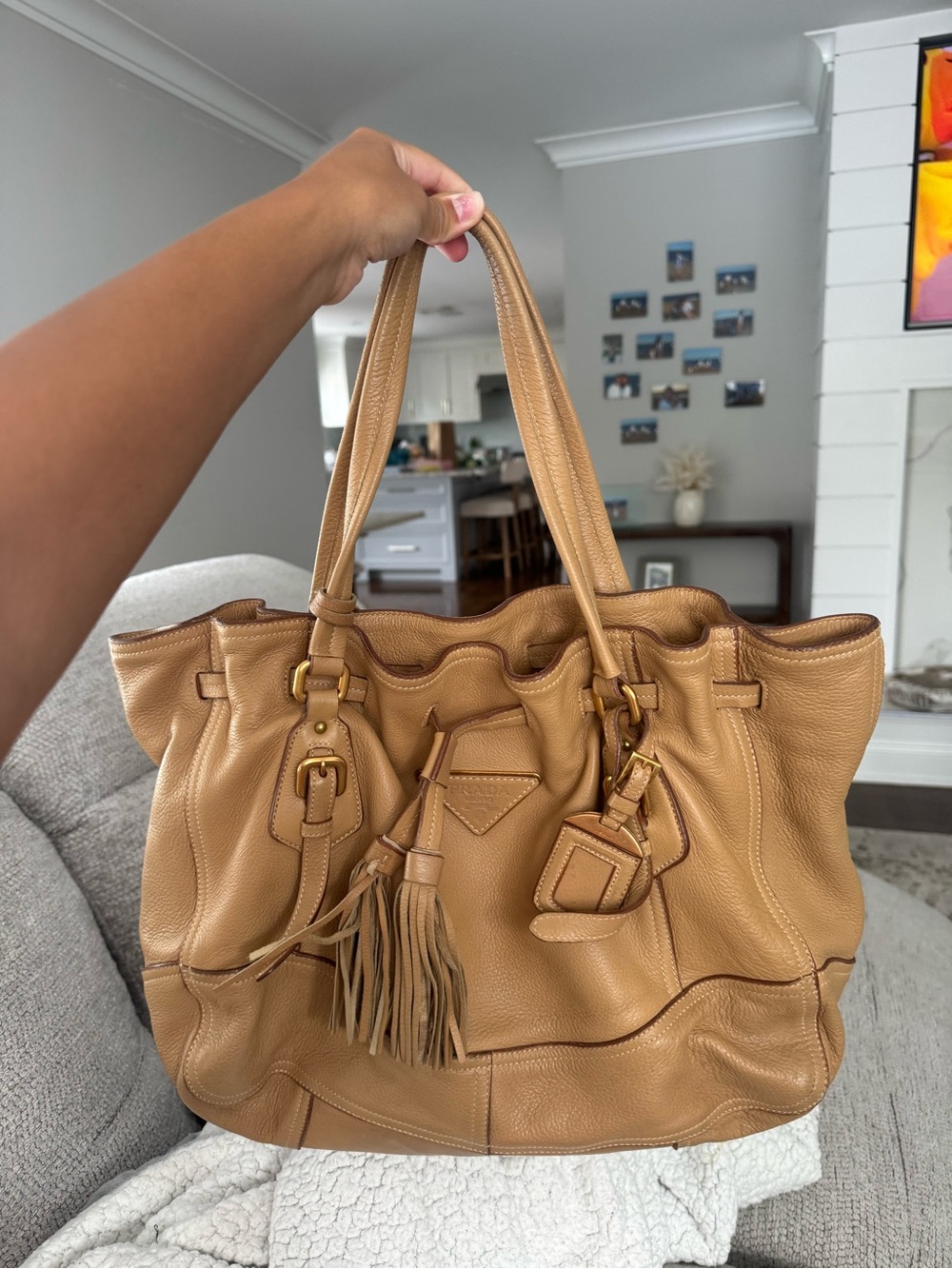 real Prada tan Leather Tassel Tote Bag - Women's Shoulder Handbag